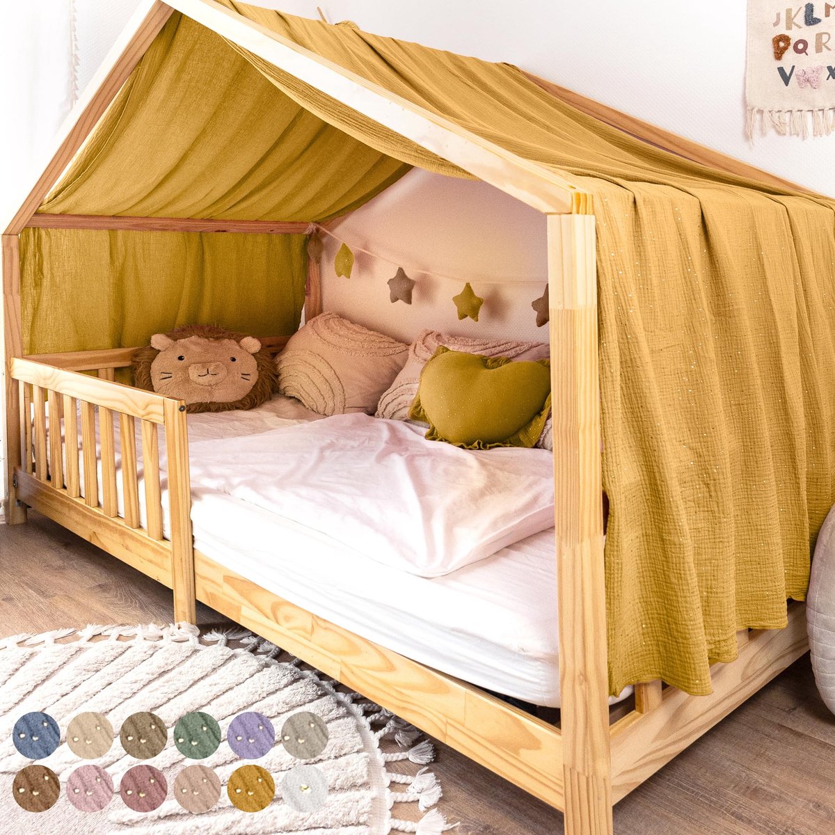 LILIMAUS Huisbed hemeltje uit één stuk met gouden details - bedhemel voor huisbed - 135 x 360 cm - mousseline katoen - geel