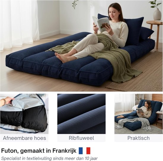 Futon Matras - Slaapmat Logeerbed - Veelzijdig Gebruik - Afneembare Wasbare Hoes - 140x190 cm - Donkerblauw — afbeelding 4