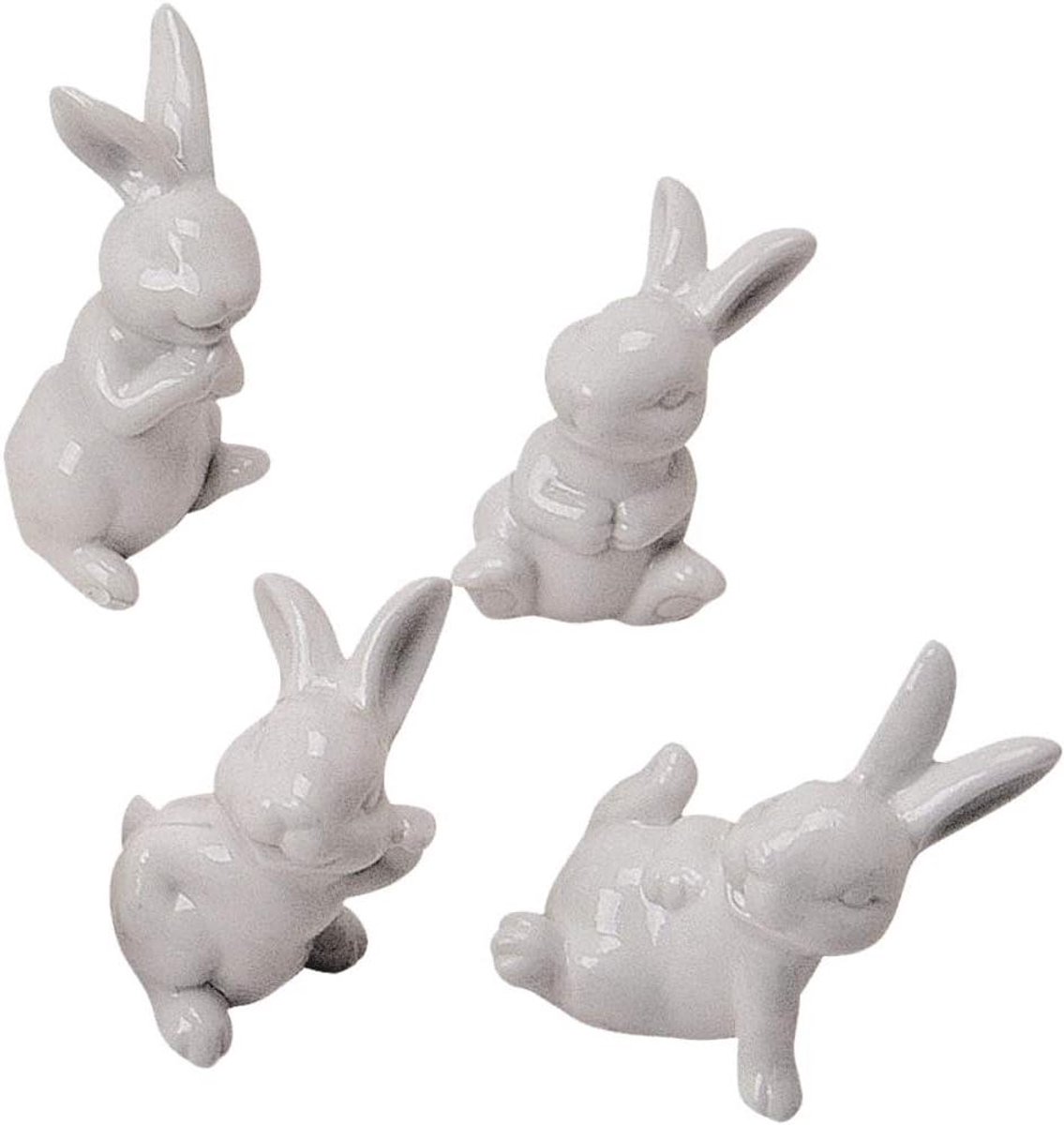 Paashaas figuren - Paasdecoratie set - Lente decoratie - Porselein materiaal - 7 cm hoog - Wit