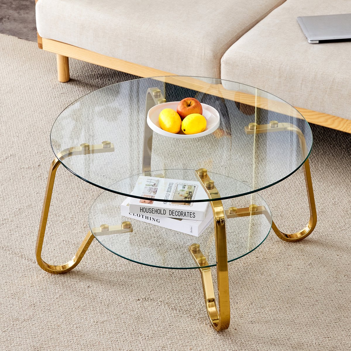 MODFU Salontafel - Tweelaags Ontwerp - Modern - Voor Woonkamer - Metaal En Glas - Goud