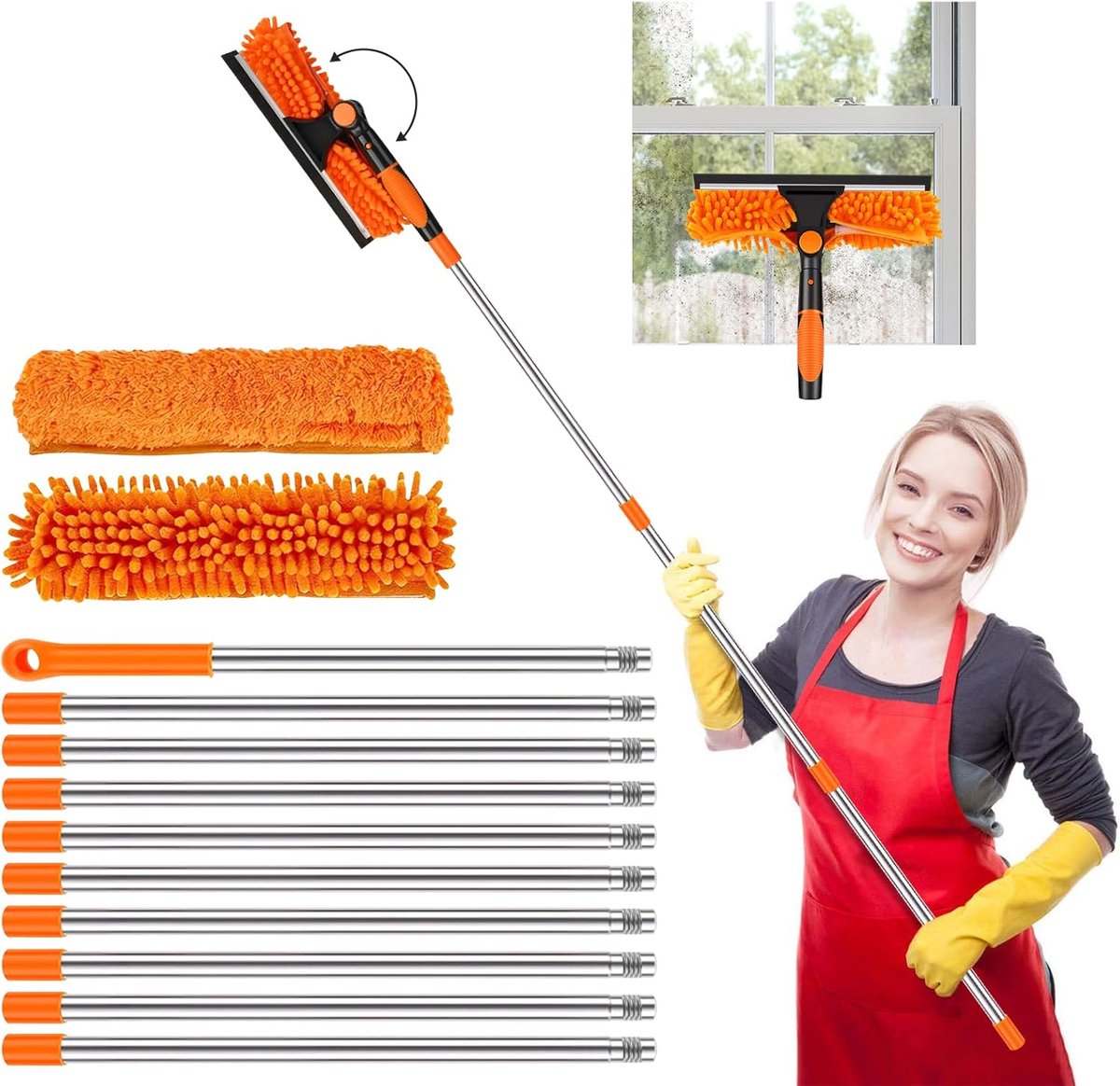 Telescopische Raamwisser - Raamreiniger Set - Hoge Ramen Schoonmaken - 2-in-1 Systeem Draaibare Kop - Tot 4.5 Meter - Oranje