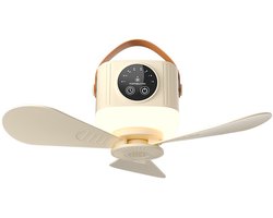 Campingventilator met LED-lamp – 4 snelheden, LED-lamp, afstandsbediening, timer, oplaadbare tentventilator voor kamperen caravan en vissen – Crèmewit