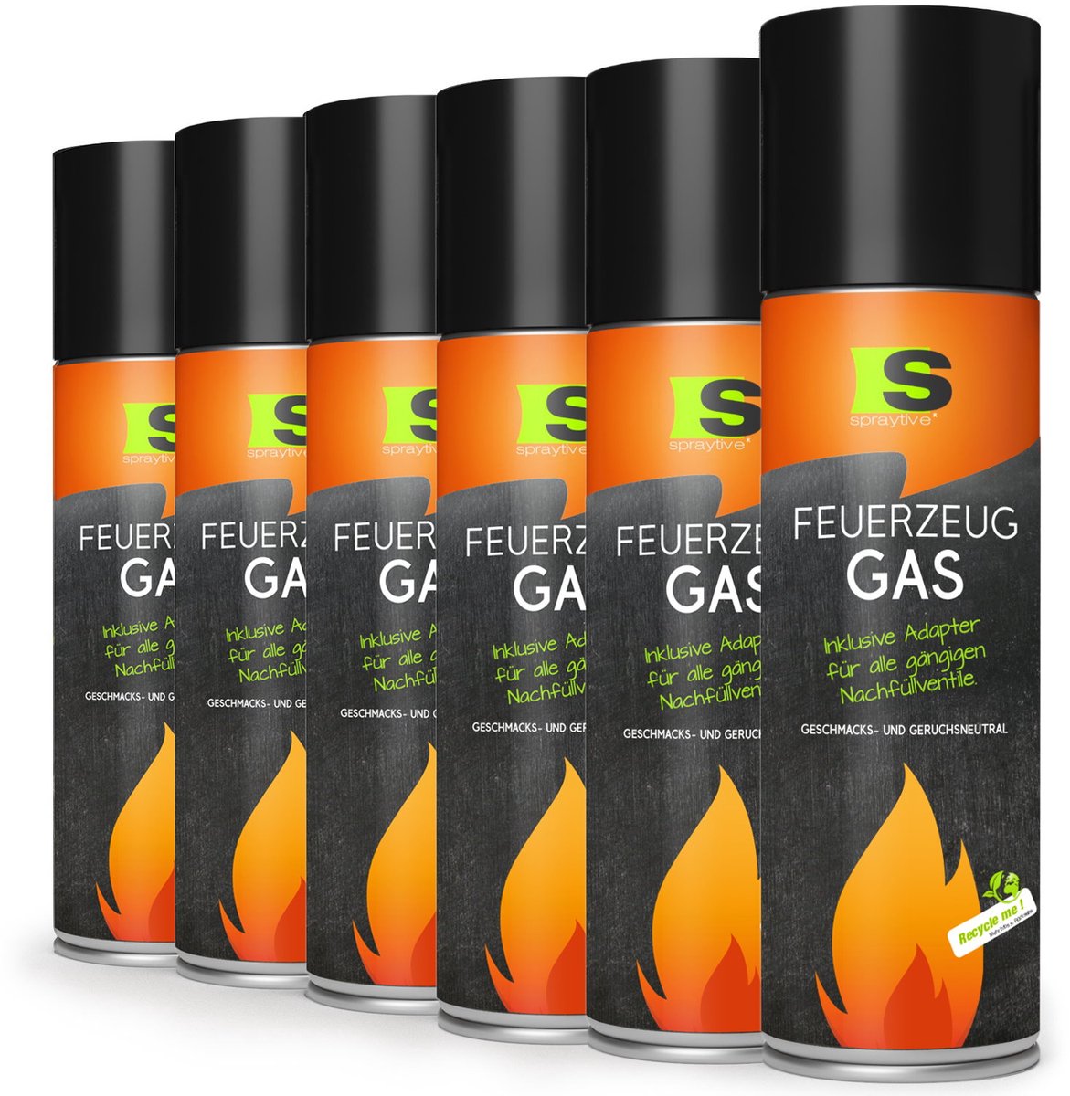 Spraytive 6x 500ml aanstekergas butaan navulling universeel voor aanstekers en branders geurloos met adapter