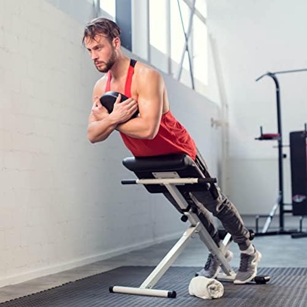 Trainingsbank - Fitnessbank Rugtrainer - Buikspier Training - In hoogte verstelbaar - 89x69x88 cm - Wit