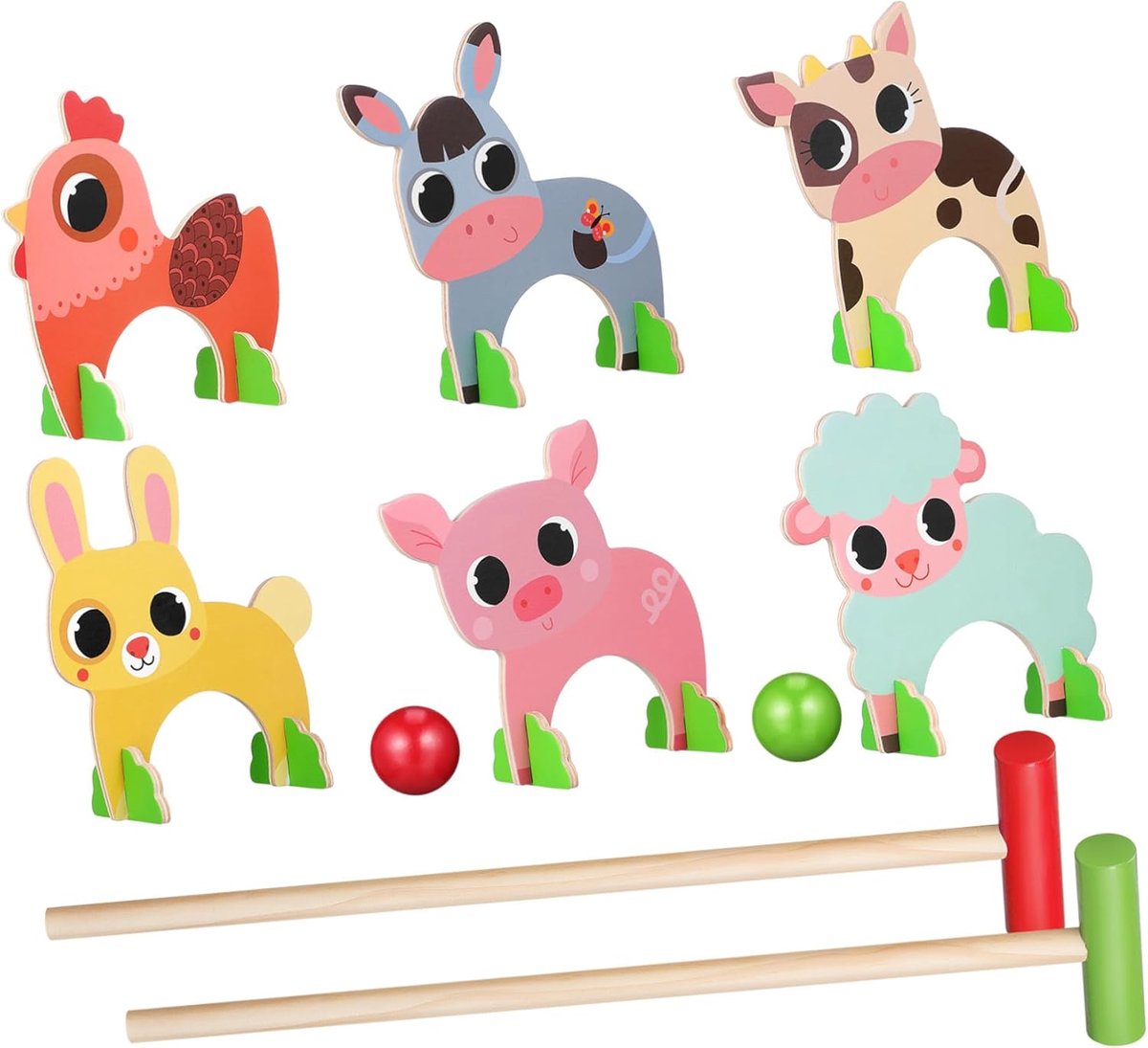 Houten Dieren Croquet - Kinderspel Educatief - Fijne Motoriek Ontwikkeling - Duurzaam Massief Hout - 15x13cm - Diverse kleuren