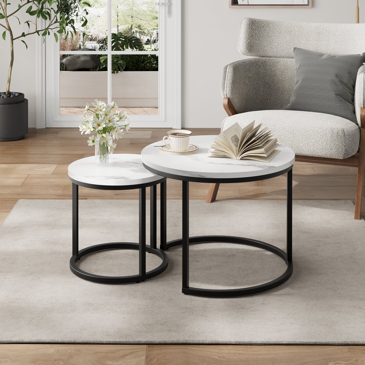 MODFU Salontafelset - Rond Nestbaar - Modern Industrieel - Voor Woonkamer - Spaanplaat En Metaal - Wit