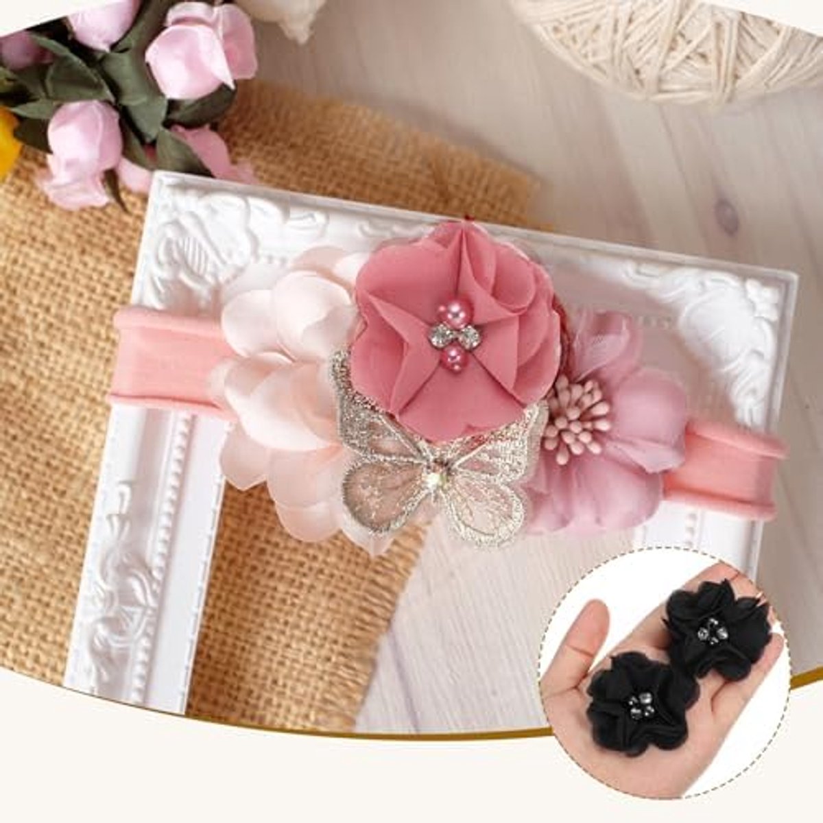 Chiffon Bloemen - Stof Applicaties - Kleding Decoratie - Met Strass Parel - 5 cm - Zwart