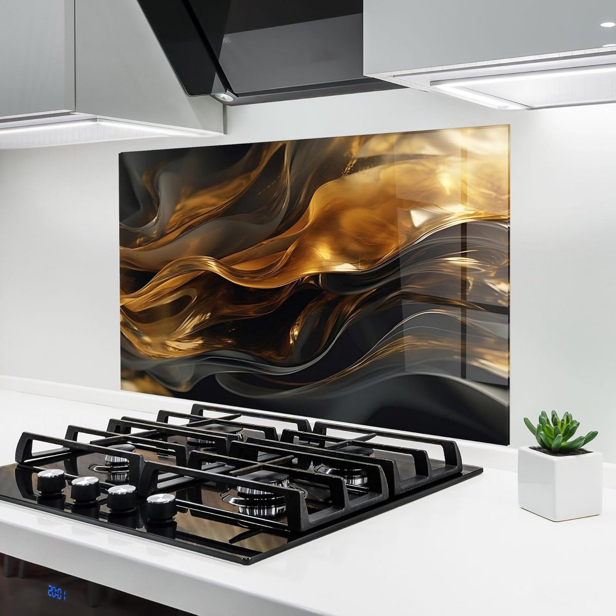 Glazen Achterwand Keuken 60x100 cm - 5mm Gehard Glas - Abstract Goud Zwart Golf