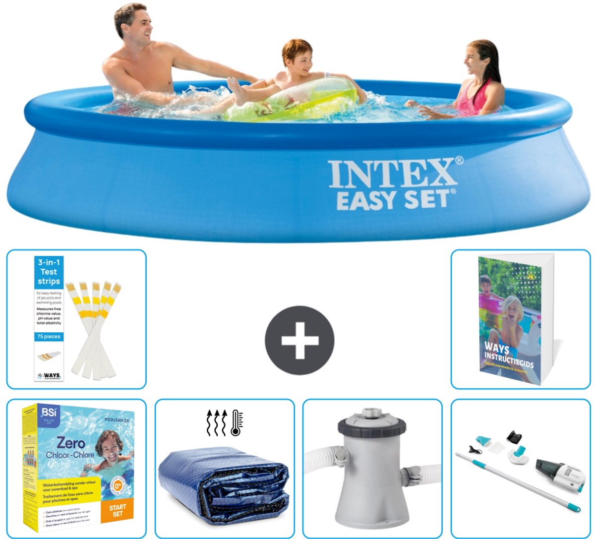 Intex Rond Opblaasbaar Easy Set Zwembad - 305 x 61 cm - Blauw - Inclusief Onderhoudspakket - Solarzeil - Zwembadfilterpomp - Stofzuiger - 7-delig