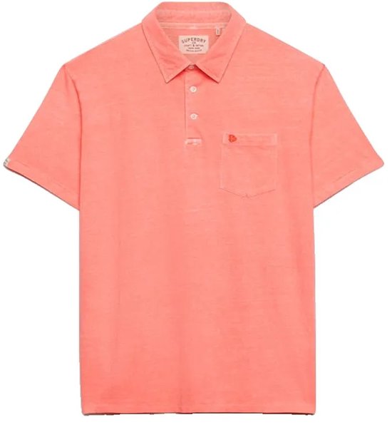 Oranje poloshirt met korte mouwen en borstzakje.