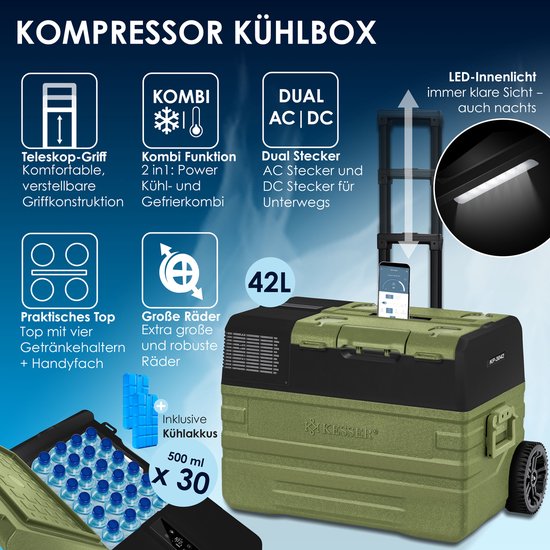 KESSER® Compressor Koelbox Elektrische Frigobox, met APP-bediening USB-aansluiting 12/24 V 230V, +Telescopische stangwielen tot -20 °C - 42L, 52L, Koelbox voor auto, vrachtwagen, boot, camper, camping - 42 Liter Kaki van KESSER — afbeelding 3