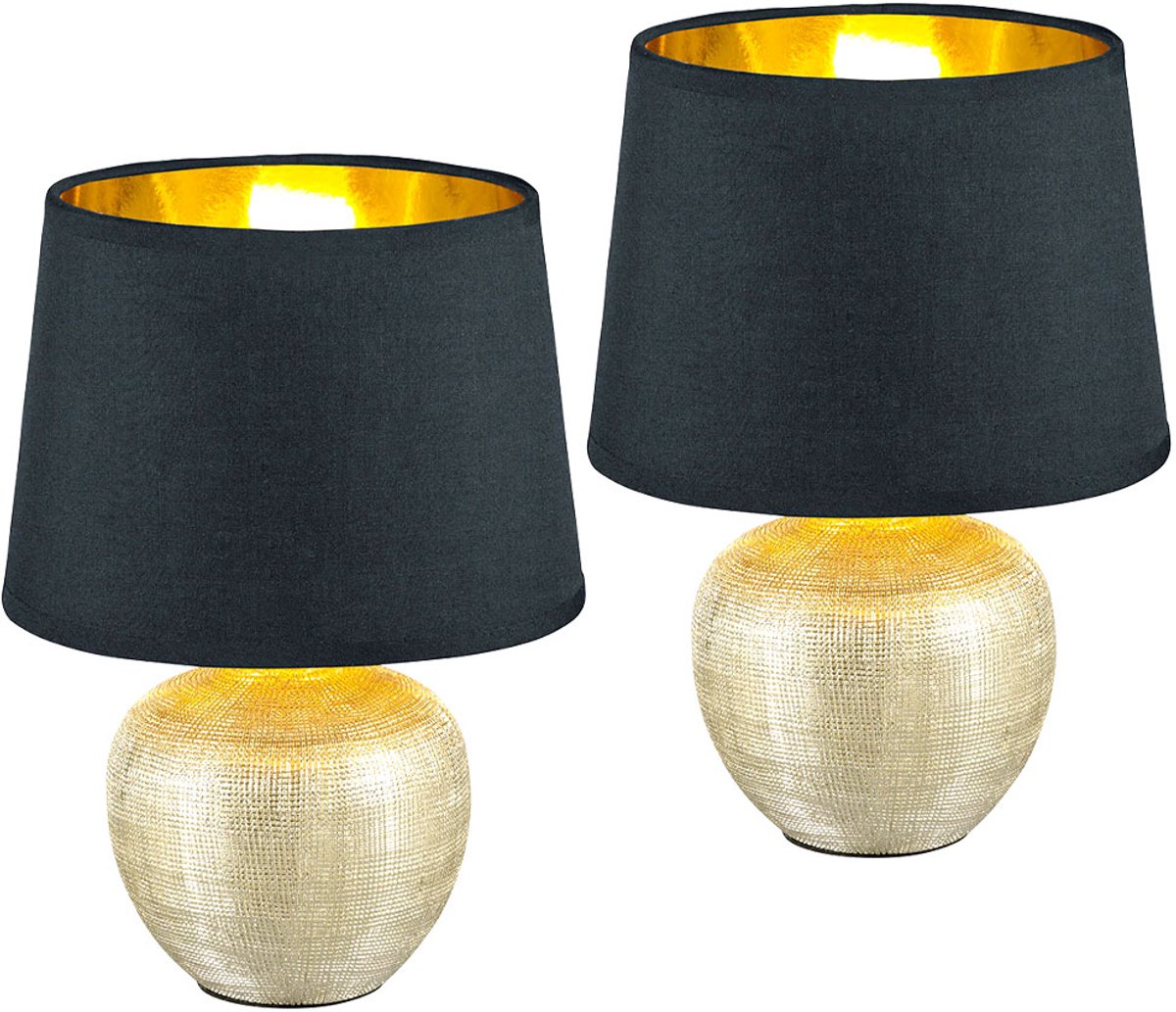 Tafellamp Tafellamp nachtlamp, keramiek textiel, goud-zwart, 1x E14 fitting, DxH 18x26 cm, bureaulamp bedlamp - set van 2