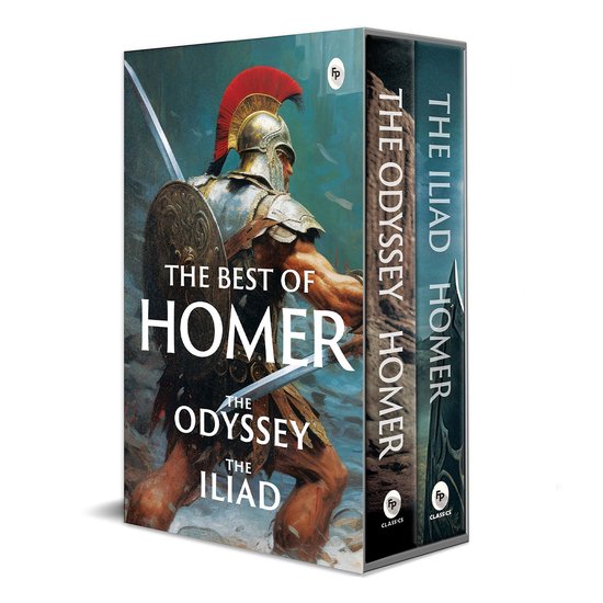 Boekenset met 'The Best of Homer', 'The Odyssey' en 'The Iliad'. De voorkant toont een Griekse krijger in gevecht.