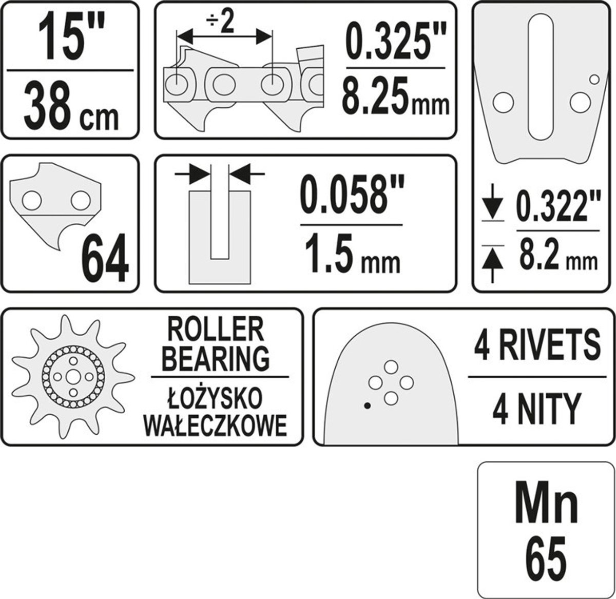 YATO YT-84934 - Kettingzaagblad - 15 Inch (38 cm) - 64 Schakels - 0.325" Steek (1,5 mm)