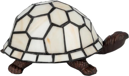 Glazen schildpadlamp met crème-witte panelen en een bruin, gedetailleerd onderstel.