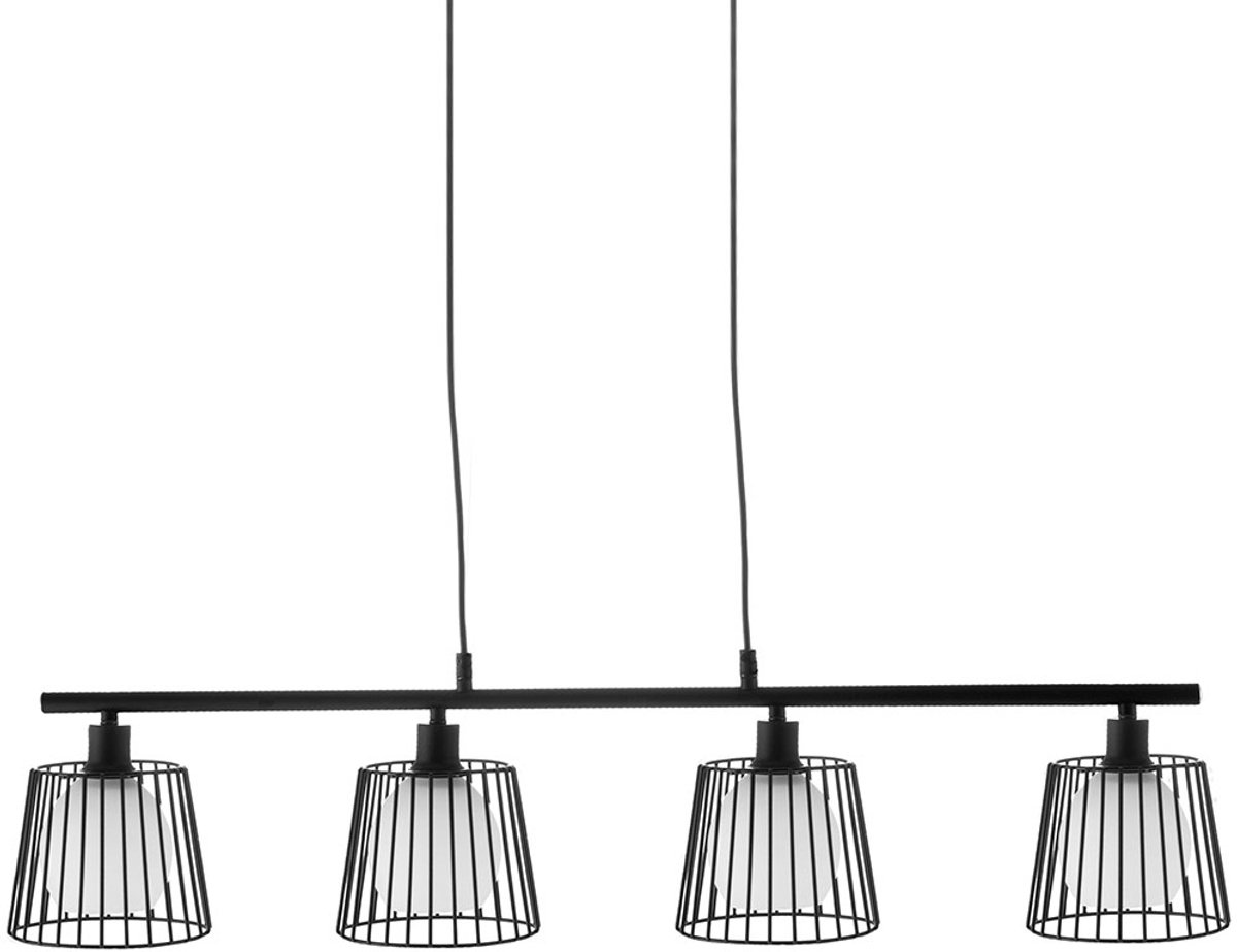 Hanglamp eettafel lamp 4 vlammen hanglamp woonkamer lamp, zwart metalen rooster, witte glazen bol, 4x E14, BxH 90 x 150 cm