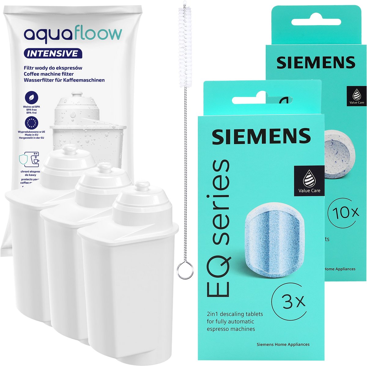 Aquafloow Onderhoudsset Siemens EQ3 EQ6 EQ9 – 3x Waterfilter + Reinigingstabletten TZ80001 + Ontkalkingstabletten TZ80002 + Borstel