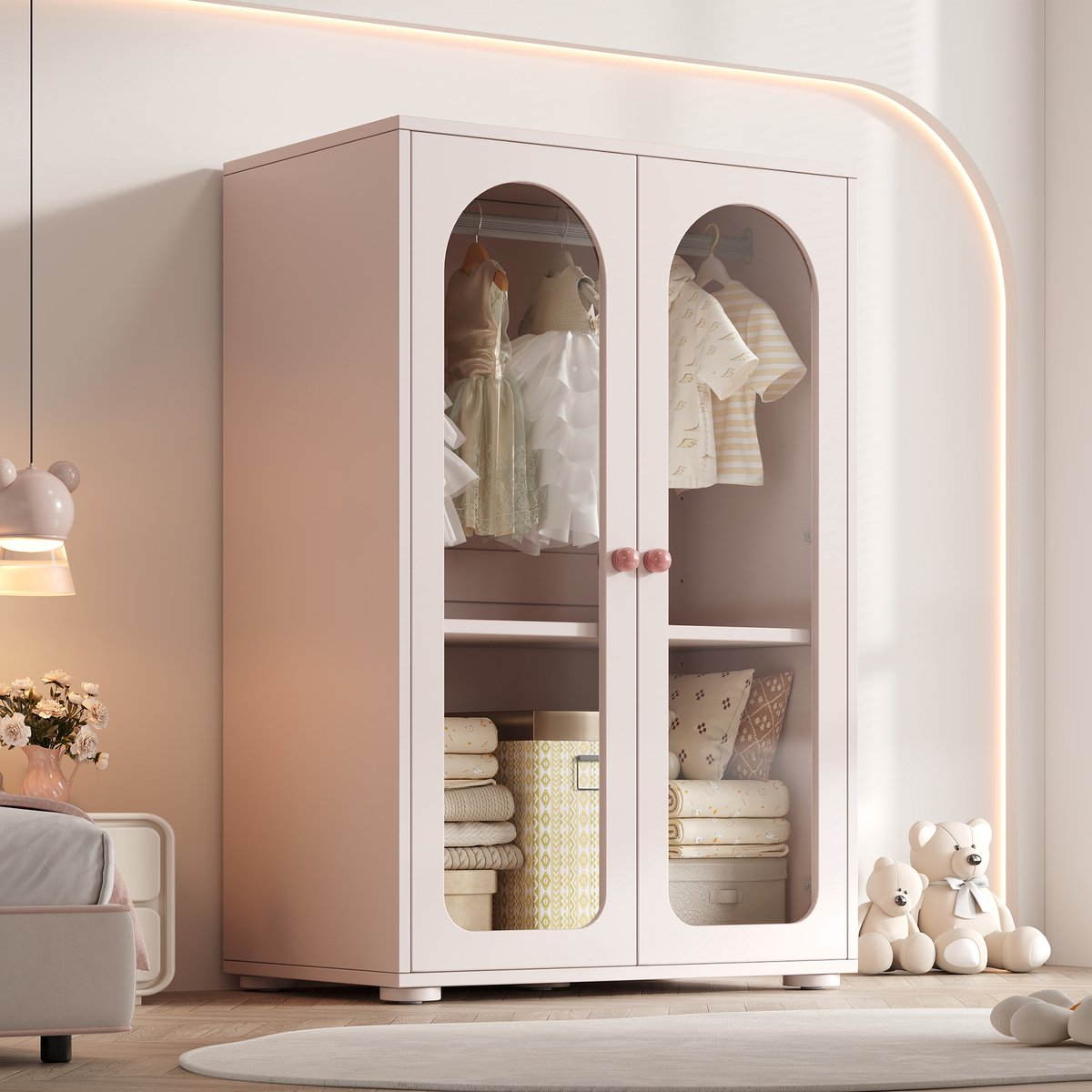 STILVORA Kledingkast - Verstelbare Planken Met Transparante Deuren - Voor Kinderkamer En Slaapkamer - MDF - 80x50x120 Cm - Babyrroze Babyroze