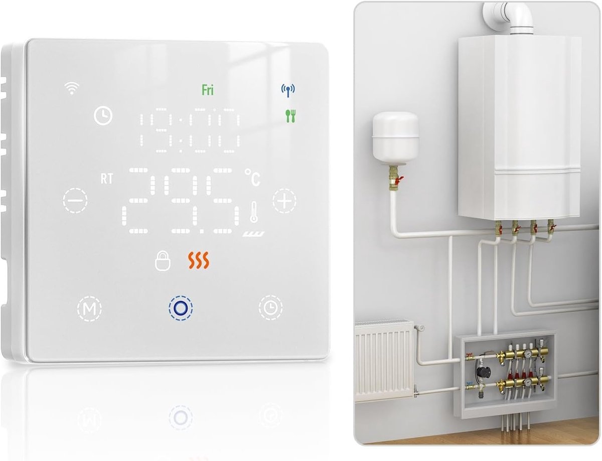 Slimme Thermostaat - Digitale Regelaar - Verwarming Instellen - App en Spraakbesturing - 86x86x25MM - Wit