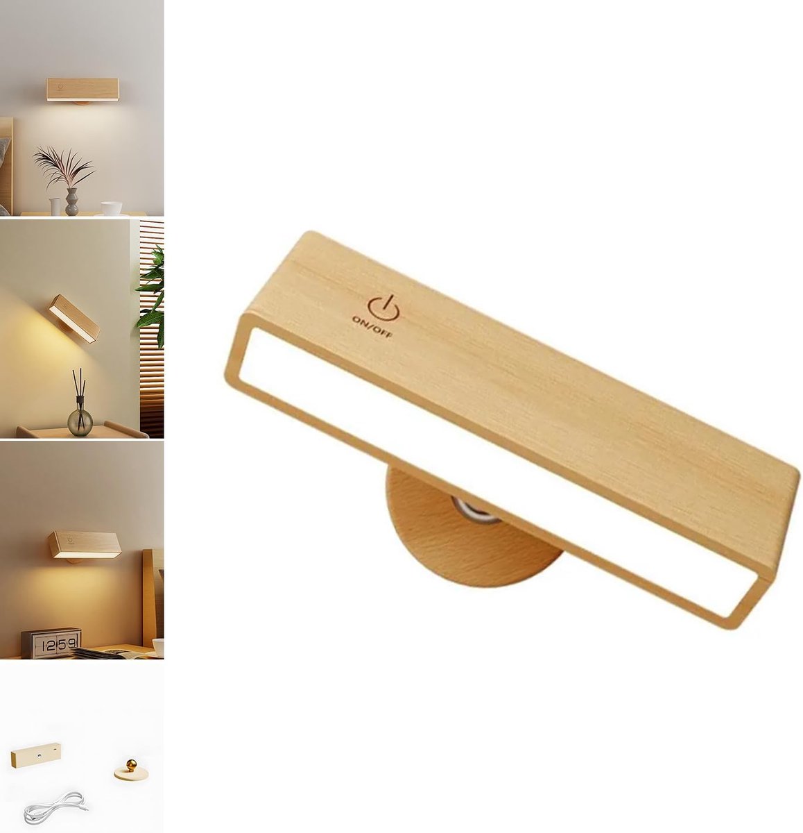 Nachtlampje - Wandlamp op batterijen - Houten wandlamp voor de slaapkamer - Magnetische wa