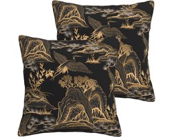 HOSTECCO Chinoiserie Landschap Kussenslopen 50x50 cm set van 2 gouden bergbomen kussenslopen Japanse decoratieve kussenslopen voor bank bank