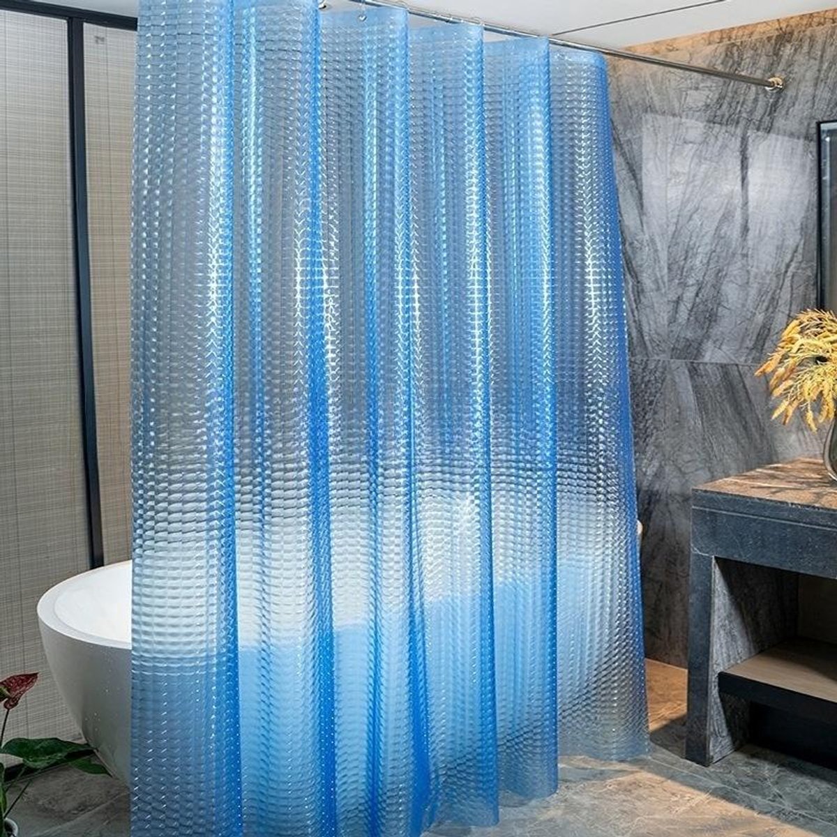 Schimmelwerend douchegordijn 80 x 180 cm, transparant met 3D-patroon, waterdicht EVA-plastic douchegordijn voor badkuip met ringen,3D blauwe kattenoog,B80*H180cm