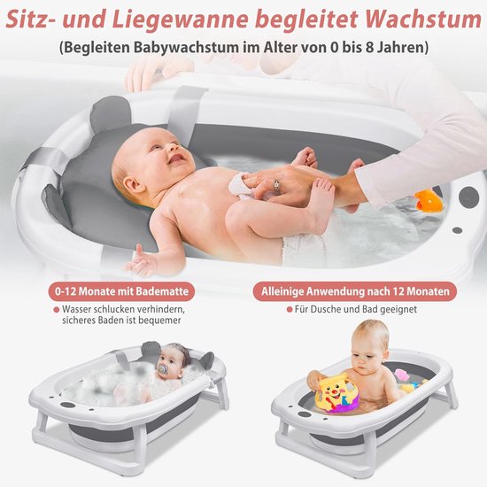 Foldable baby tub with drainage holes, suitable for toddlers up to 8 years, heat-resistant, non-slip foot pads, stable PP & TPE plastic, bath mat included (grey) — afbeelding 2