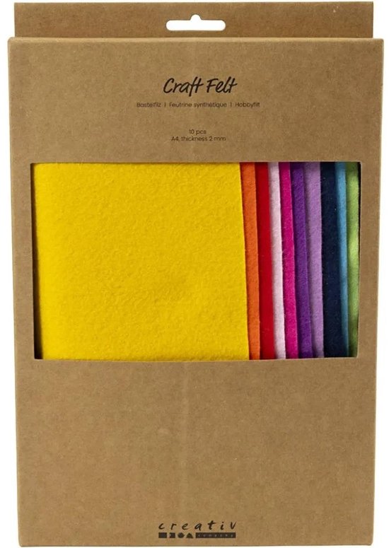 Kartonnen verpakking met 10 vellen Craft Felt in verschillende kleuren, A4 formaat, 2 mm dik.
