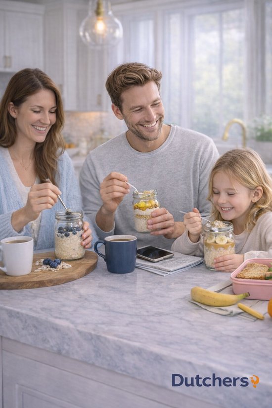 Een gezin ontbijt met overnight oats uit glazen potten.