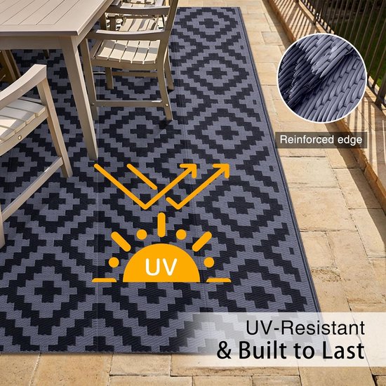Buitentapijt Waterdicht - Plastic Vloerkleed Camper - Terras Aankleden - Omkeerbaar Geometrisch Patroon - 12 x 180 m - Zwart Grijs — afbeelding 4