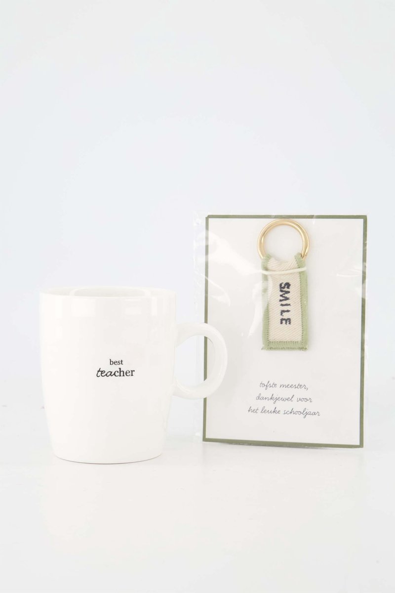 Zusss Cadeauset Theemok Met Sleutelhanger Best Teacher - Cadeau Meester Keramiek Wit/Zwart/Groen