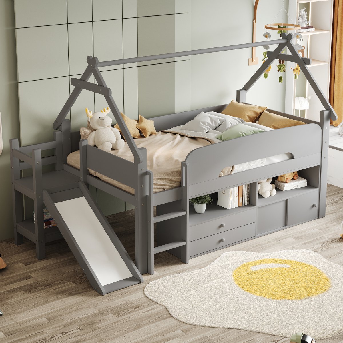 Merax Kinderbed 90x200cm - dakvormig frame - met veilige glijbaan - met speelgebied en opbergruimte - hoogslaper - grijs - zonder matras