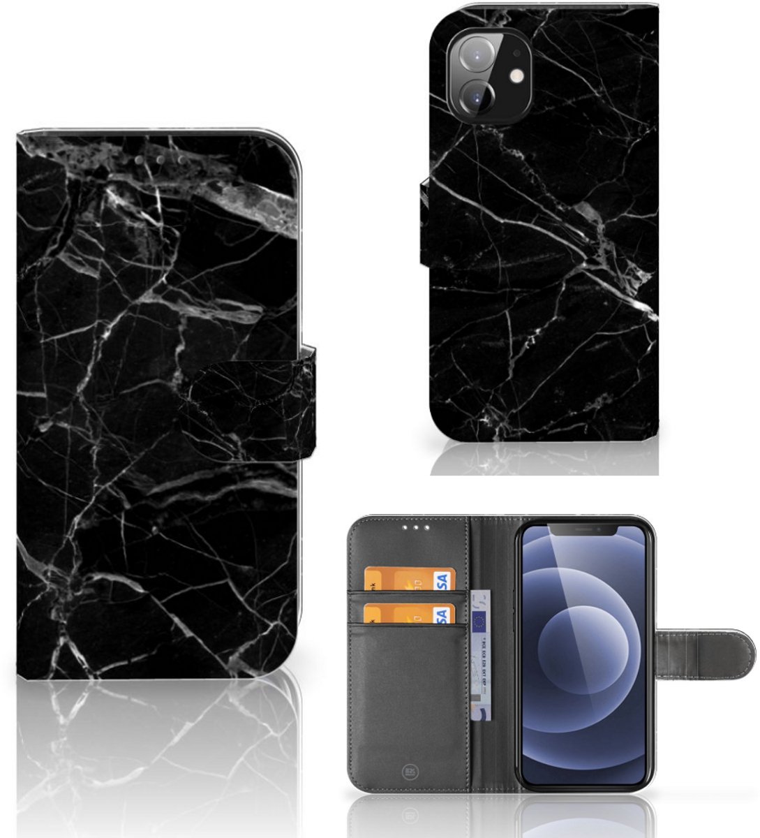 Apple iPhone 12 Mini Bookcase Marmer Zwart - Origineel Cadeau Vader