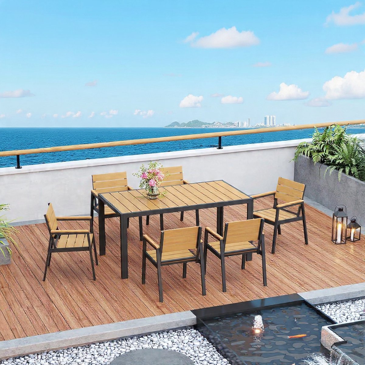 Tuinmeubelset 7-delig 150 cm – Aluminium Tuinset met Houtlook Tafel & 6 Stoelen, Weerbestendig, Lichtgewicht en Duurzaam Balkon & Terras Set – Urbanhome