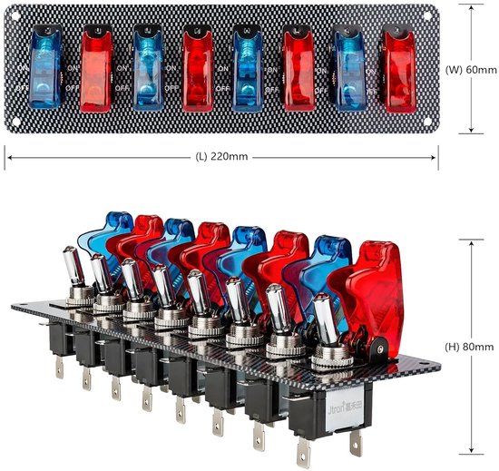 Ontstekingsschakelaar Racewagen - Tuimelschakelaar LED - Auto Modificatie - 8-in-1 Paneel - 12 Volt - Rood Blauw — afbeelding 3