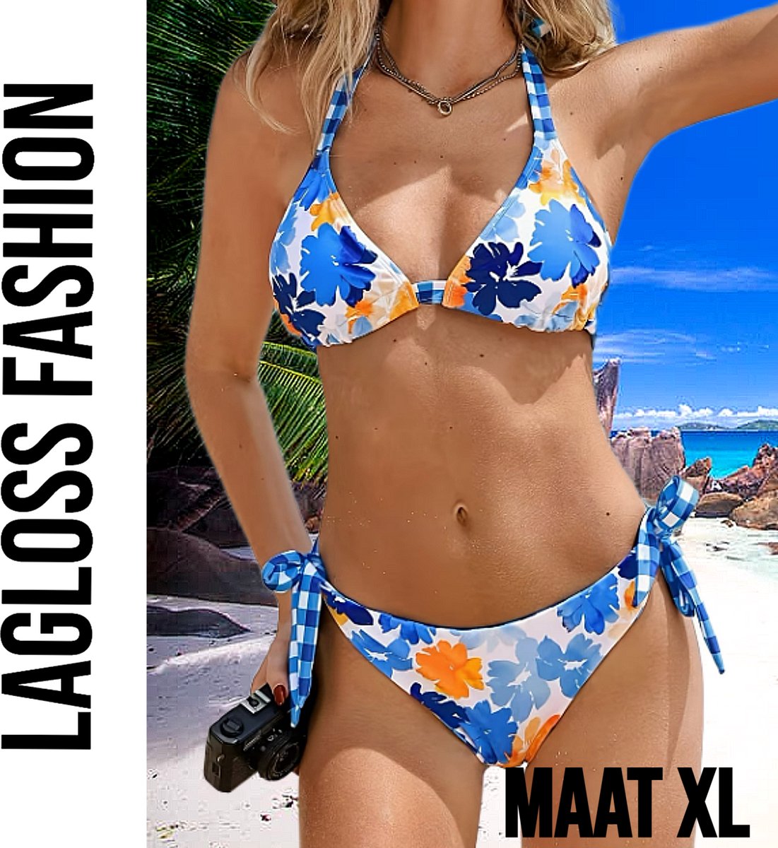 LaGloss® Dames Blauwe Tropische Print Bikini Set Met Haltertop en Omkeerbaar Broekje – Zomer mode – Beach fashion – Maat XL