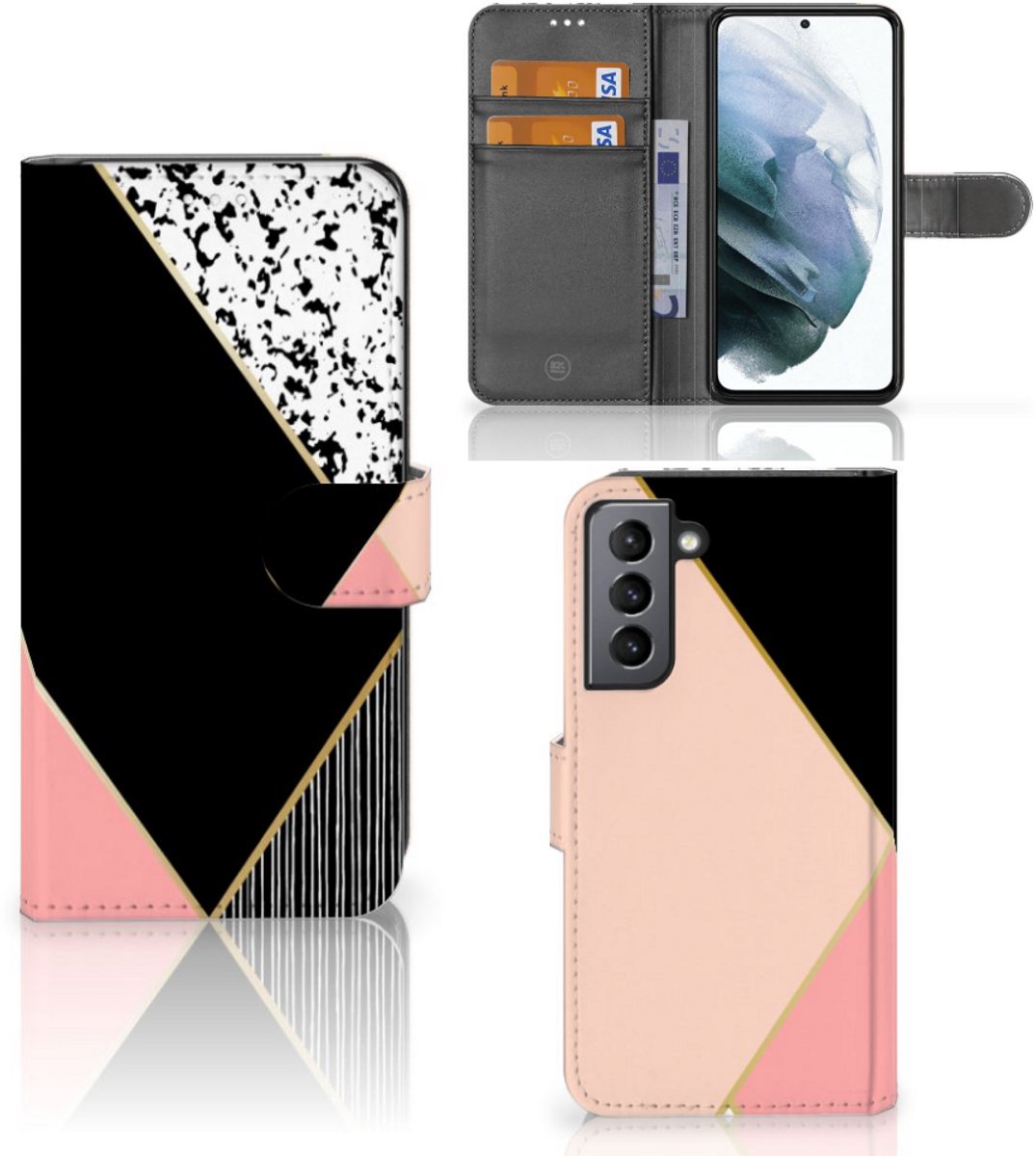 Samsung Galaxy S21 FE Book Case Zwart Roze Vormen