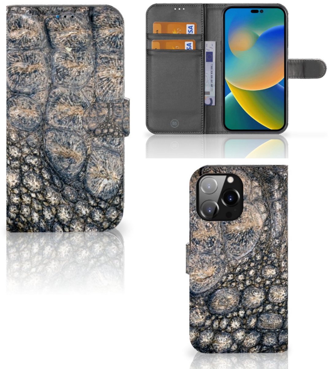 iPhone 14 Pro Max Telefoonhoesje met Pasjes Krokodillenprint