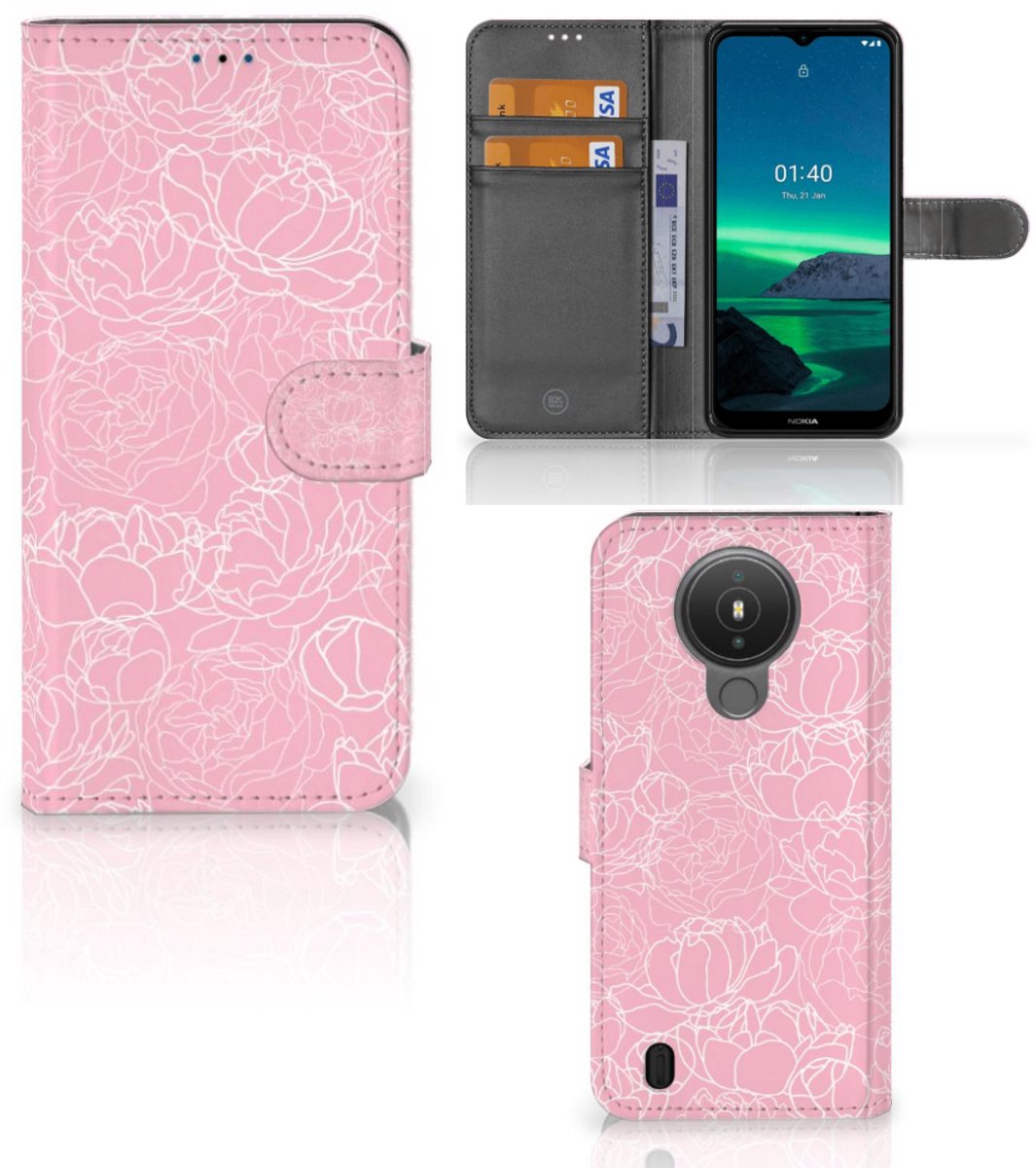 Book Case voor Nokia 1.4 Hoesje White Flowers