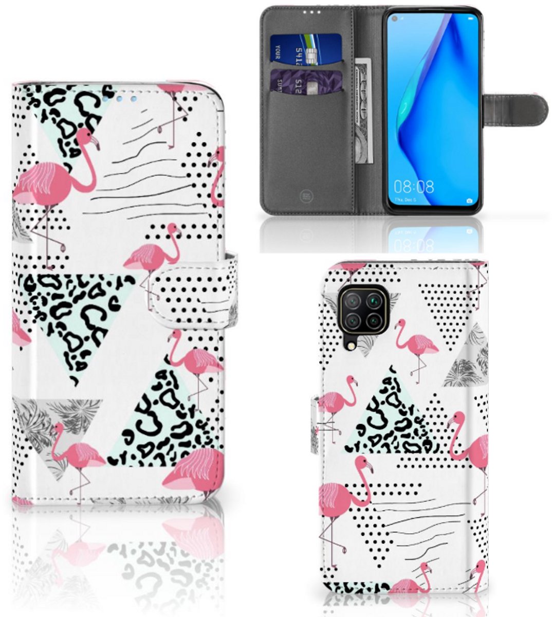 Huawei P40 Lite Telefoonhoesje met Pasjes Flamingo Triangle