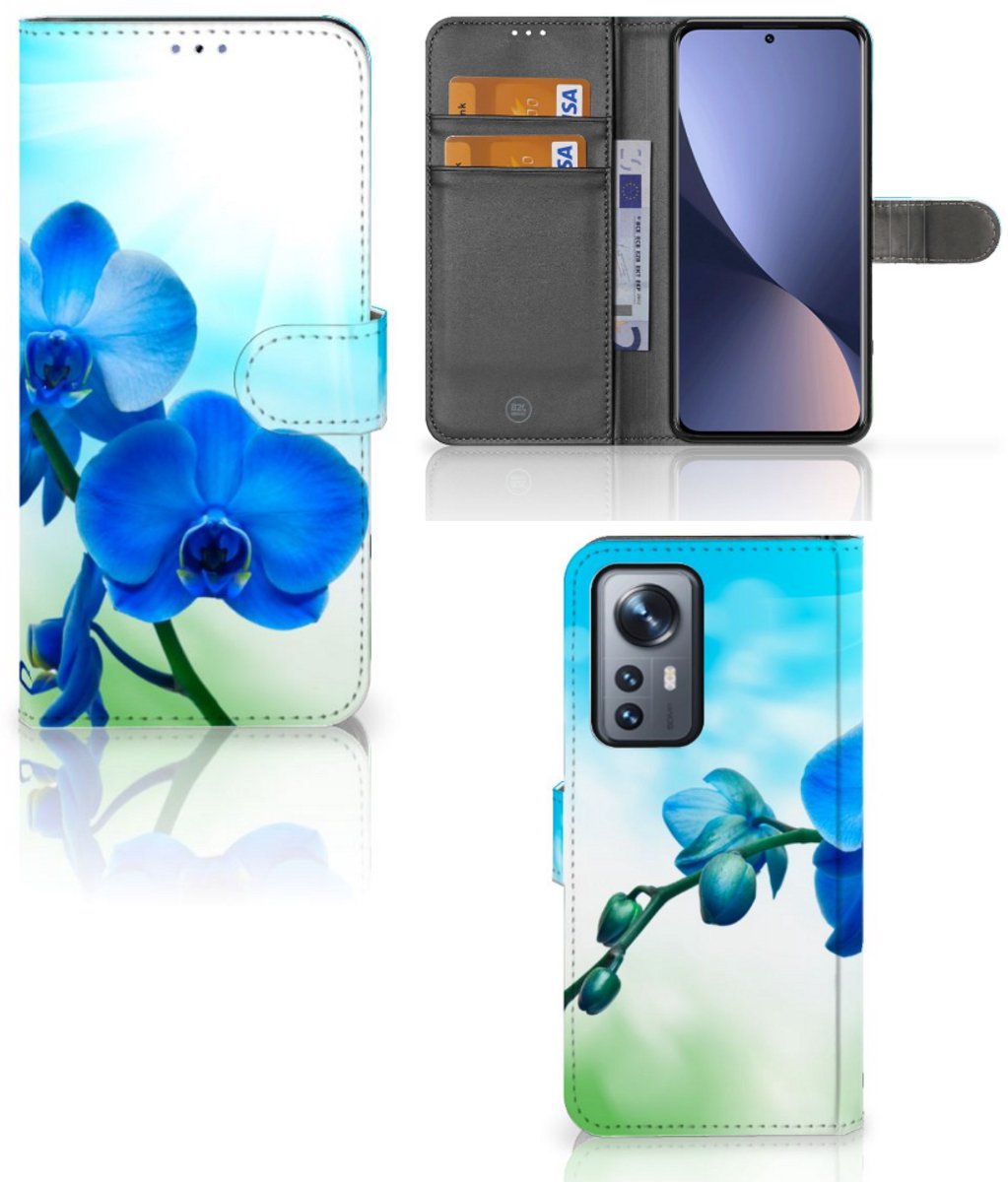 Book Case voor Xiaomi 12 Pro Hoesje Orchidee Blauw - Cadeau voor je Moeder