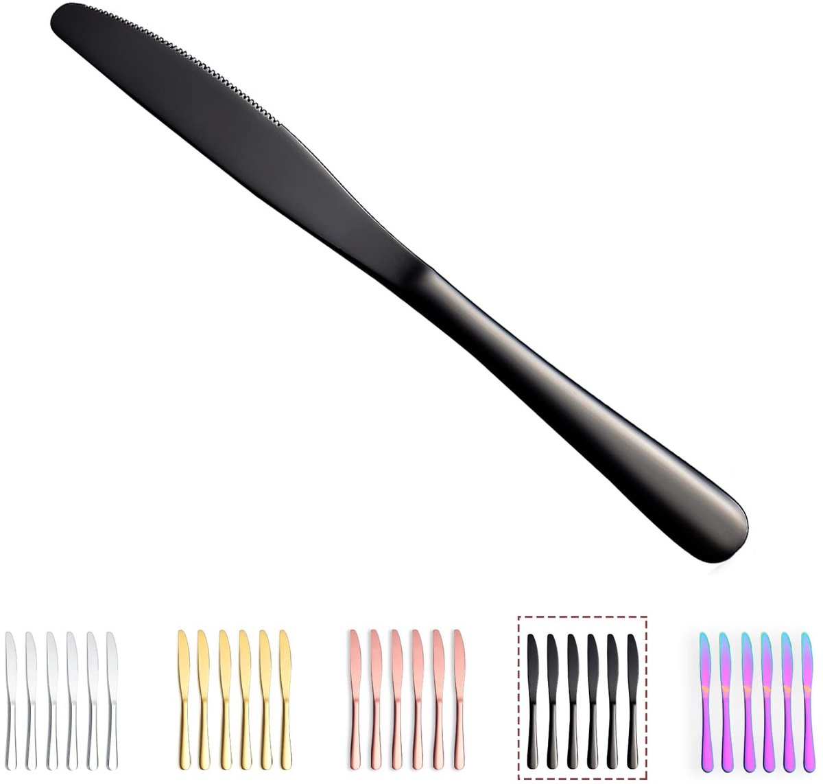 Allecto - Zwarte Tafelmes Set - 6 Stuks, RVS met Titanium Coating, Steakmessen, Vaatwasserbestendig