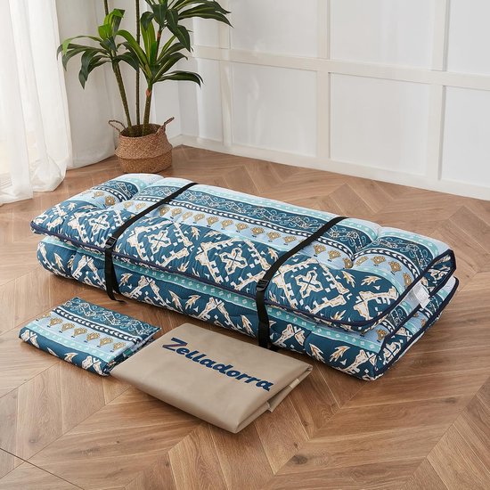 Japanse Vloermatras - Futon Matras Tatami - Oprollen & Opbergen - Traagschuim Vulling - Full 60x80 inch - Blauw Gestreept — afbeelding 4