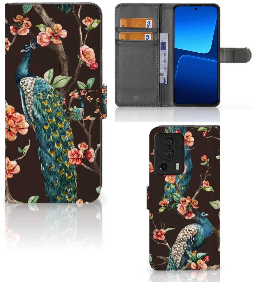 Xiaomi 13 Lite Telefoonhoesje met Pasjes Pauw met Bloemen