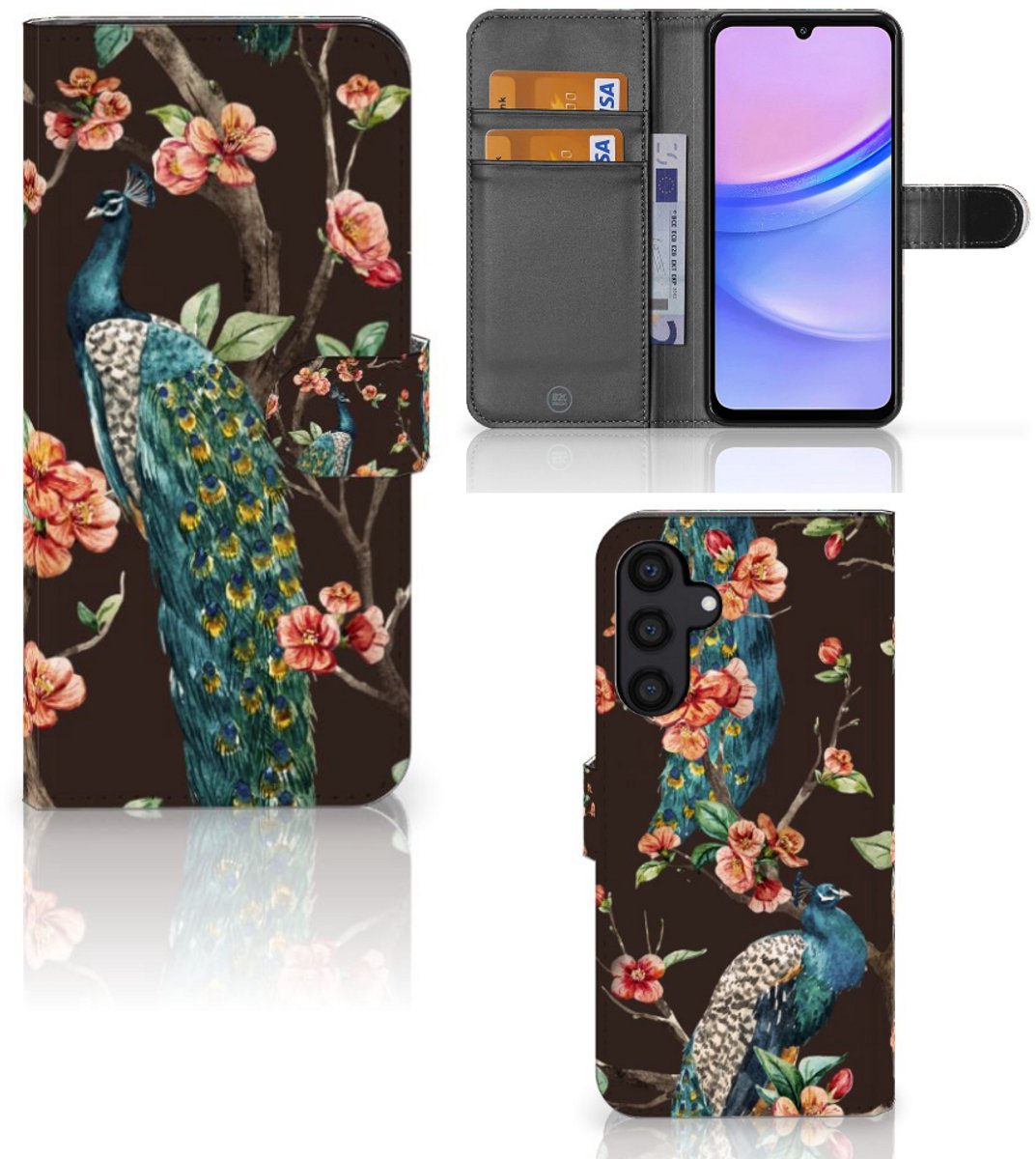Samsung Galaxy A15 Telefoonhoesje met Pasjes Pauw met Bloemen