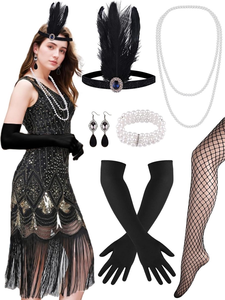 1920s Flapper Jurk met Pailletten, Parels en Franje, Inclusief Accessoires Set voor Feestjes