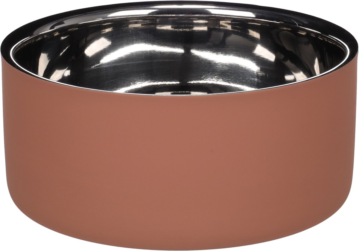 Voerbak hond - drinkbak hond - 1,2L - Xara Rond Zalmroze & Zilver - luxe dubbelwandige eetpot voor honden - 17cm