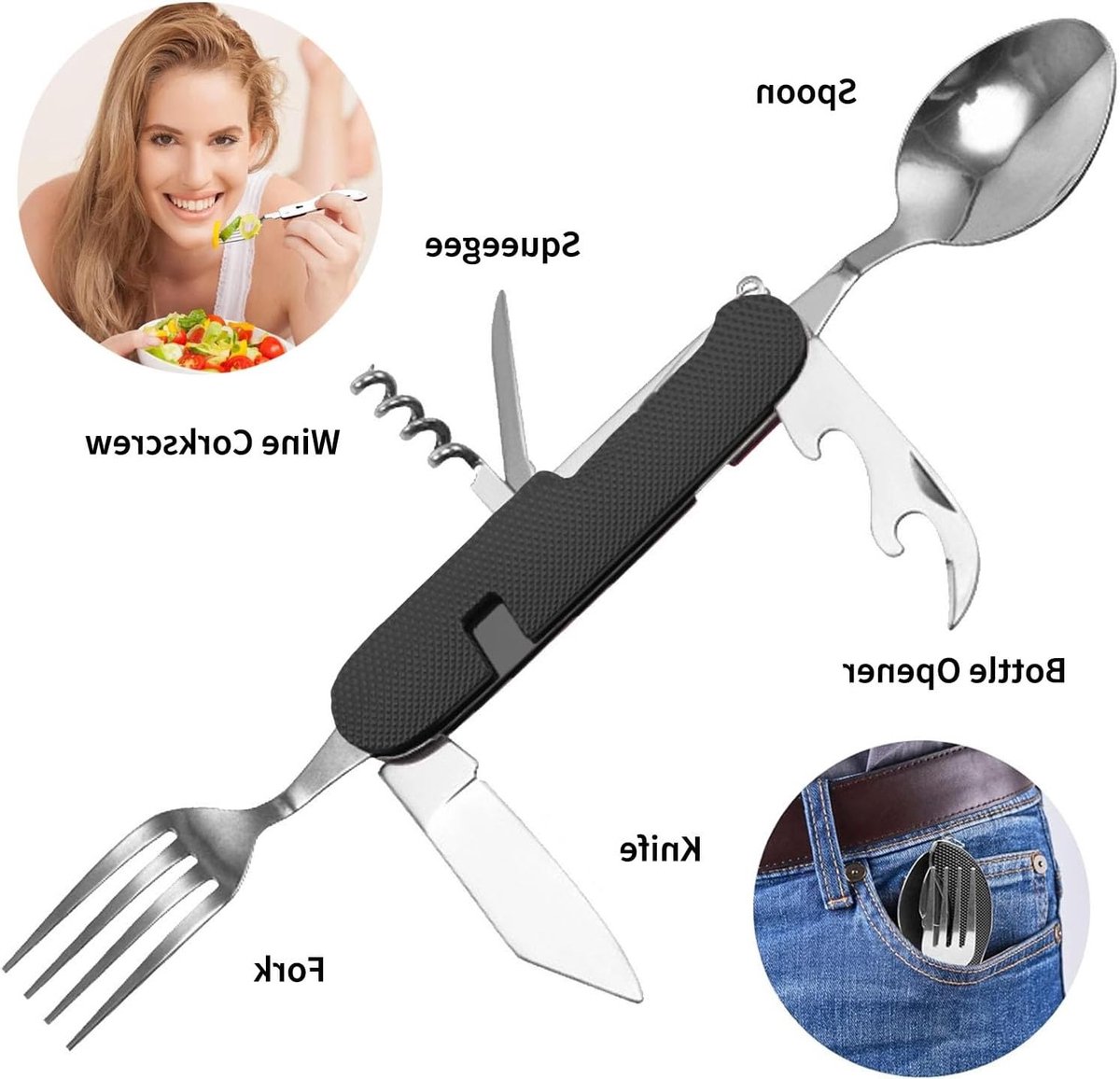 Multifunctionele Opvouwbare Bestekset voor Kamperen, Hiking en Outdoor Activiteiten - Rvs 6-in-1 Bestek met Opbergtas en Duurzaam Ontwerp