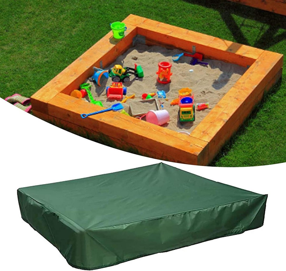 Sandbox Cover UCARE Vierkante Waterdichte Stofdichte UV Bescherming Zandbak Zwembadhoes Bescherming met Trekkoord voor Zandbak, Speelgoed en Meubels Outdoor Luifel Cover Opvouwbaar (120 × 120 cm, Groen)