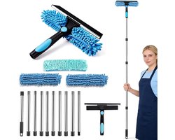 Window Cleaner Set with Telescope Handle, 10-piece, 0.1-4 m, 180° Rotatable Head, Incl. Spare Pads, Chenille Cloth and Brush, for Patio Roof, Conservatory, Skylights, Large Glass Surfaces